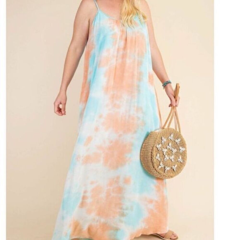 Plus Boho Aqua Orange Tie Dye Cami Maxi Dress